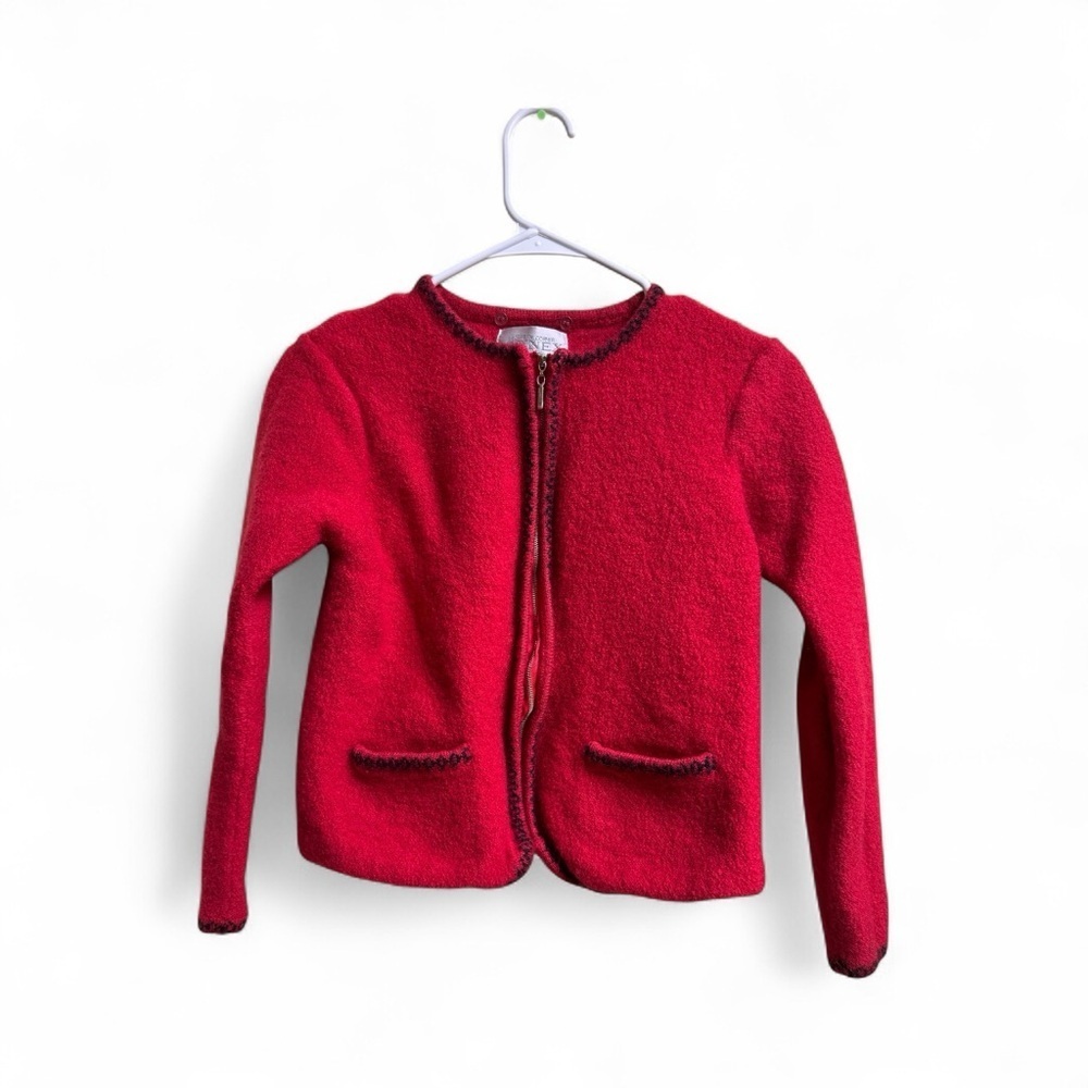 Casual Corner Annex Wool Cardigan Jacket Red Black Trim Size L (Fits M)